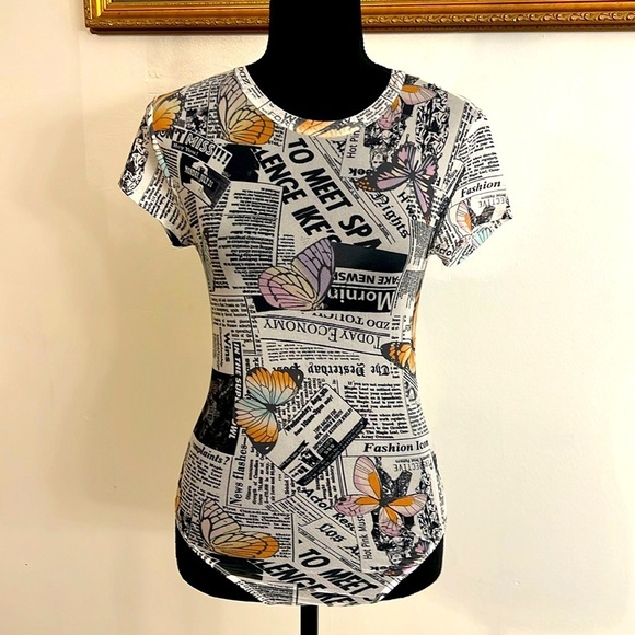 Rue21 Tops - White Black Color Butterfly Newspaper Print Bodysuit by Rue 21, Sz. XS.
